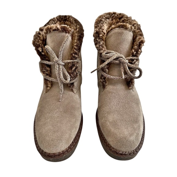 Vicini Suede Fur Lined Boots Ankle Booties Brown Heeled Lace Up Size 38 7.5 - Picture 2 of 11